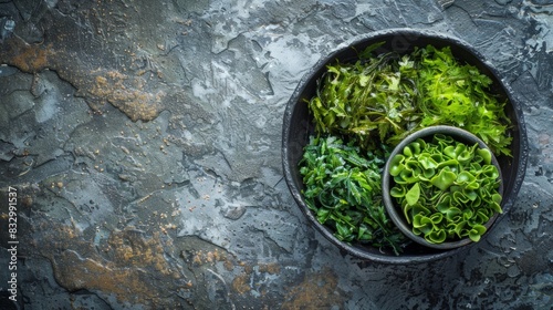 Green leafy vegetables and seaweed in a bowl placed on a stone surface