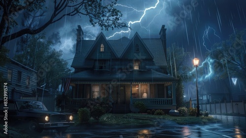 A suburban house with lightning striking the roof  creating an ominous atmosphere.