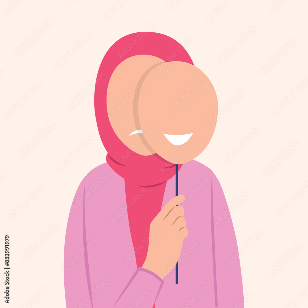 Sad woman is covering her face with a smiling mask. Concept good and bad mood vector illustration Sad woman is covering her face with a smiling mask. Concept good and bad mood vector illustration