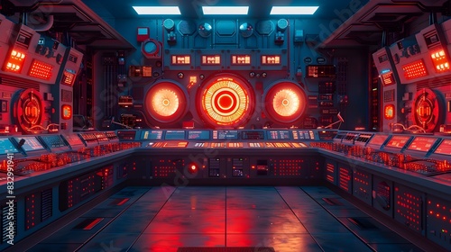 Retro-styled Atomic Energy Facility with Glowing Nuclear Reactor Chamber and Neon-Tinged Control Panels in Retrofuturistic Sci-Fi Ambiance photo