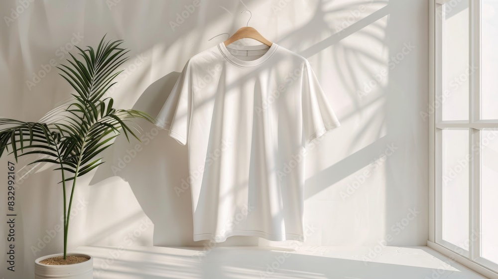 Minimalist white T-shirt hanging on wall hook in bright room with natural light and shadows from a plant, evoking simplicity and calmness. Minimalist white T-shirt hanging on wall hook in bright room with natural light and shadows from a plant, evoking simplicity and calmness.