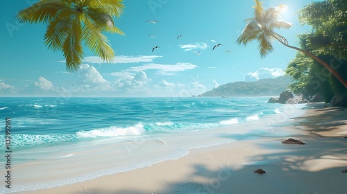 Serene Tropical Seaside Getaway Swaying Palms Gentle Waves and Soaring Seagulls in a Cinematic Dreamscape