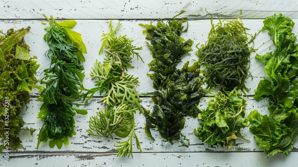 Fototapeta premium Green fresh seaweed topview on white table