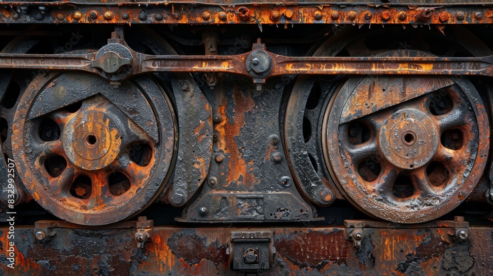 Rusty steam train locomotive wheels close-up, emphasizing the worn edges and historical craftsmanship Rusty steam train locomotive wheels close-up, emphasizing the worn edges and historical craftsmanship