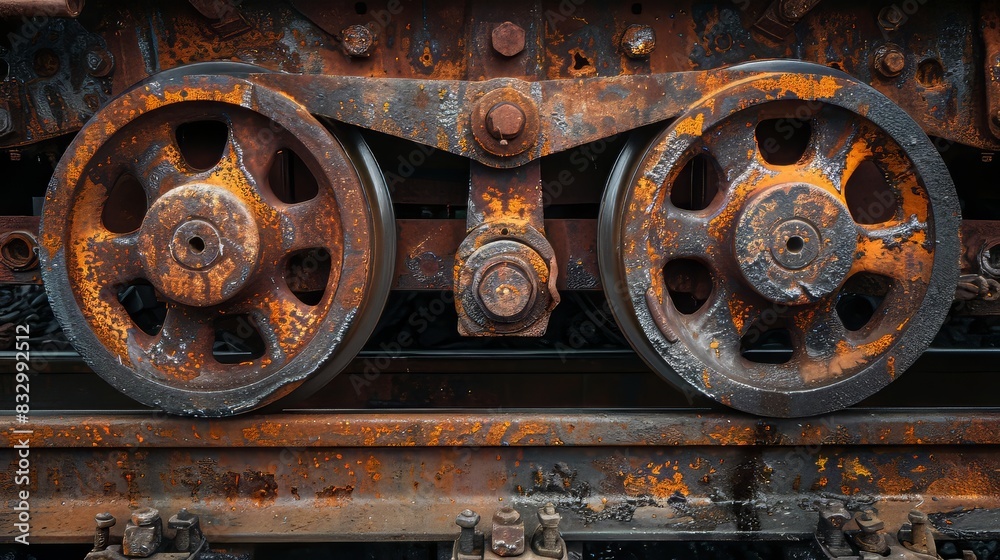 Rusty train wheels and weathered track in a close-up, highlighting the effects of time and nature on the industrial machinery Rusty train wheels and weathered track in a close-up, highlighting the effects of time and nature on the industrial machinery