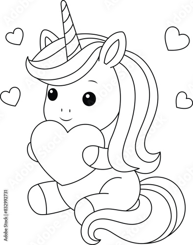 Cute kawaii unicorn is holding heart coloring page for kids. Animal outline doodle colouring page isolated on white background. Wild animal coloring book for kids