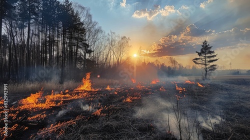 Fire in the Forest with Smoke and Flames Near Fields Under a Blue Sky