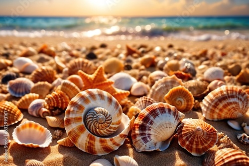 Summer tropical beach vacation concept background with seashells on sand next to ocean