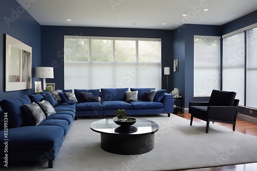  Living room in deep dark colors accent. Trendy blue interior in a minimalist modern style with navy furniture. Empty painted wall for art. Mockup design home lounge or hall office reception.3d render © Five Million Stocks