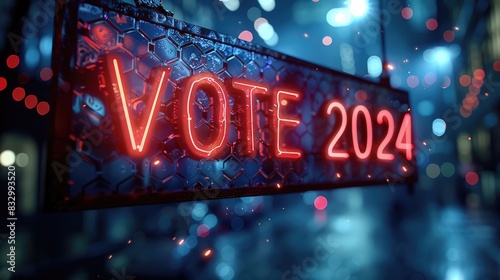 "VOTE 2024" written on the background of an American flag with red and blue hexagons and stars