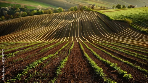A wide and expansive field marked by brown and green stripes featuring an abundance of soil and vegetation