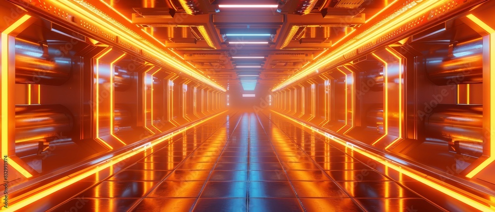 Sleek futuristic corridor with reflective capsules on both sides, glowing with intense orange lights, creating a high-tech, sterile environment