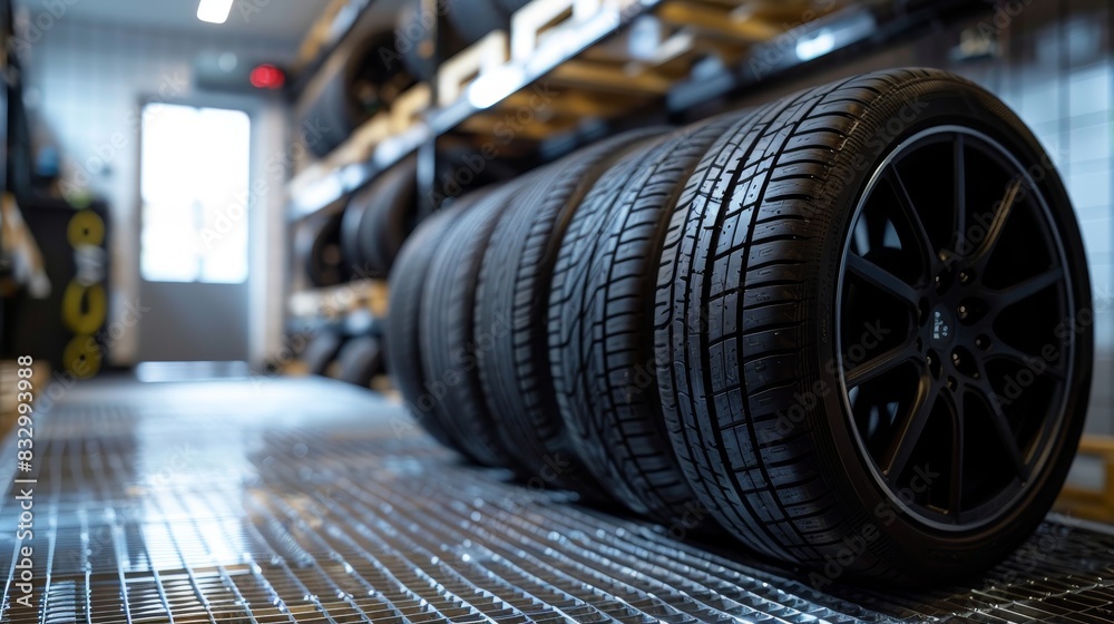 Fototapeta premium Sleek new highway terrain tire displayed on a tidy and useful storage rack in an immaculate garage setting, emphasizing its readiness for use