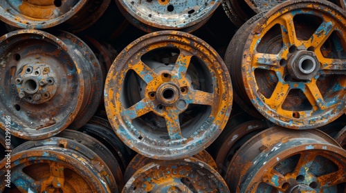Weathered alloy wheels at a recycling facility, captured in raw detail with signs of age and decay under natural sunlight photo