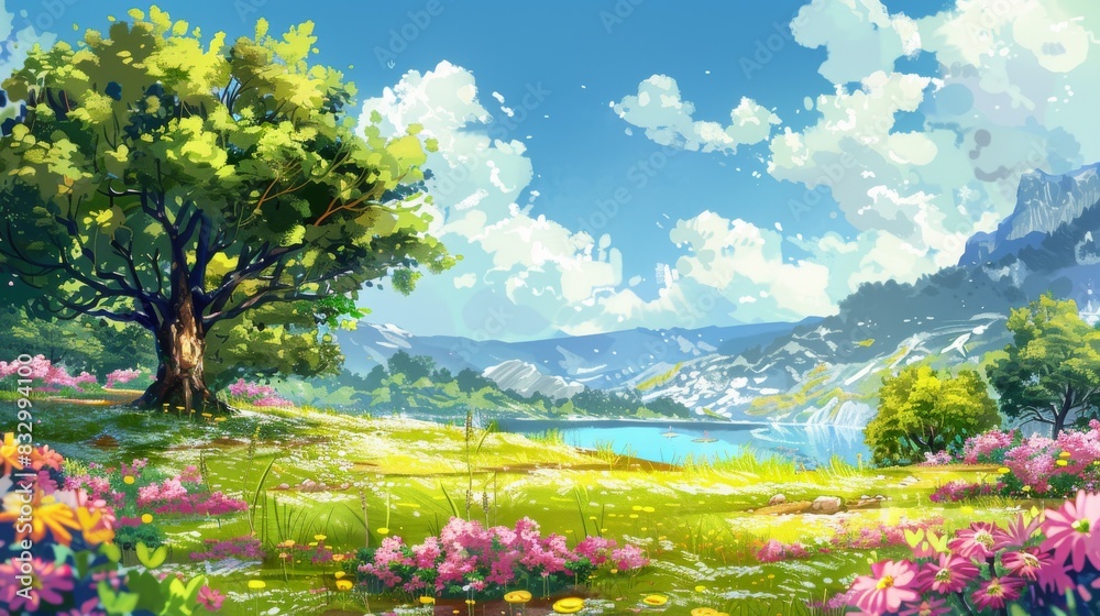 Obraz premium Natural beauty of a lush green field with a few spreading branches and a few vibrant blooms