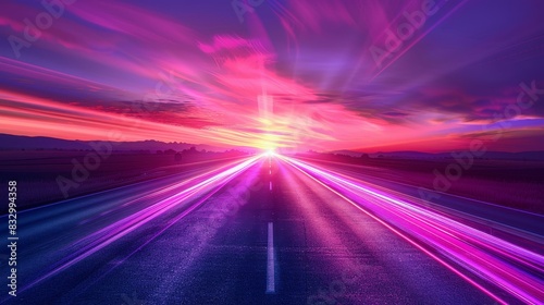 Vibrant light trails on an empty highway leading to a pink purple sunrise, abstract rainbow neon background