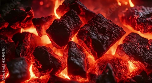 Mesmerizing Glowing Fire Coal Ambers with Wispy Flames. Experience the Warmth and Beauty of Red Glowing Wood Coal on a Cold Night.
 photo