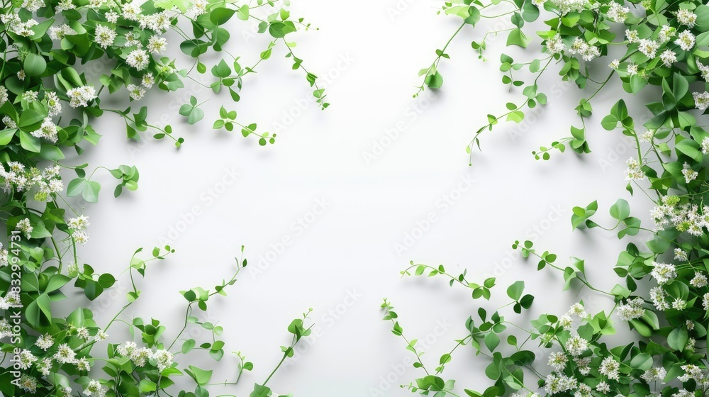 Beautiful ivy green and flowers against a white backdrop Beautiful ivy green and flowers against a white backdrop