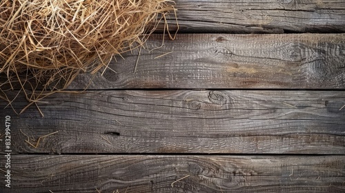 Top view of dried hay on a wooden background with space for text photo