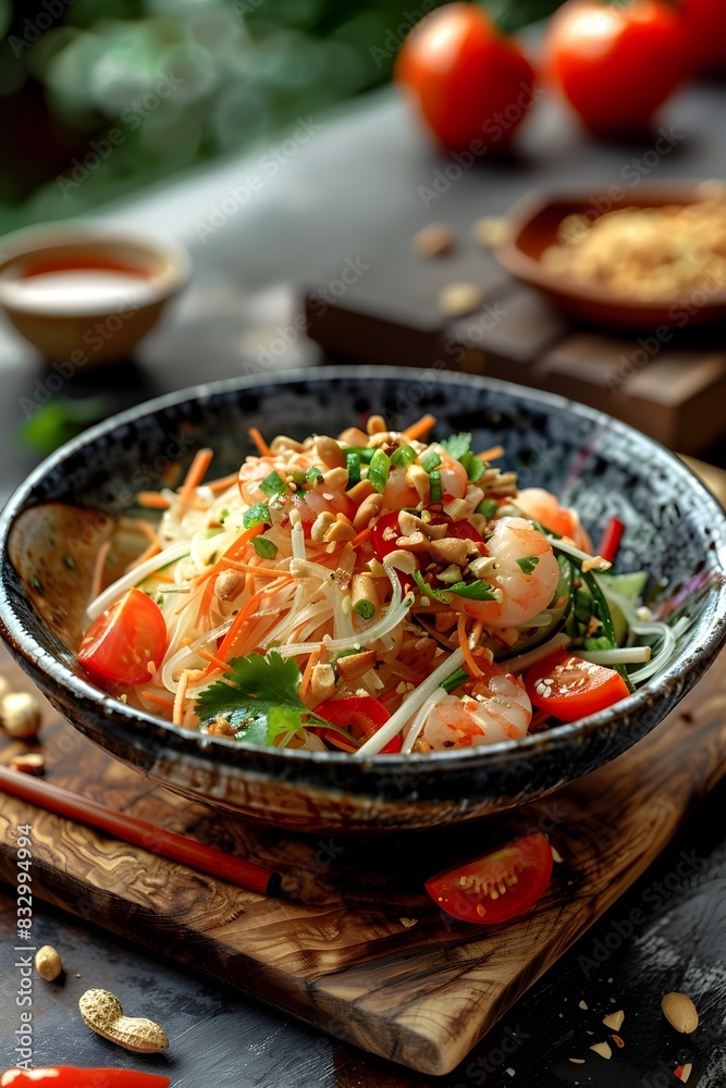 Vibrant and Flavorful Som Tam Salad with Shredded Papaya,Tomatoes,Long Beans,Dried Shrimp,and Crushed Peanuts Dressed in Tangy Lime Vinaigrette Vibrant and Flavorful Som Tam Salad with Shredded Papaya,Tomatoes,Long Beans,Dried Shrimp,and Crushed Peanuts Dressed in Tangy Lime Vinaigrette