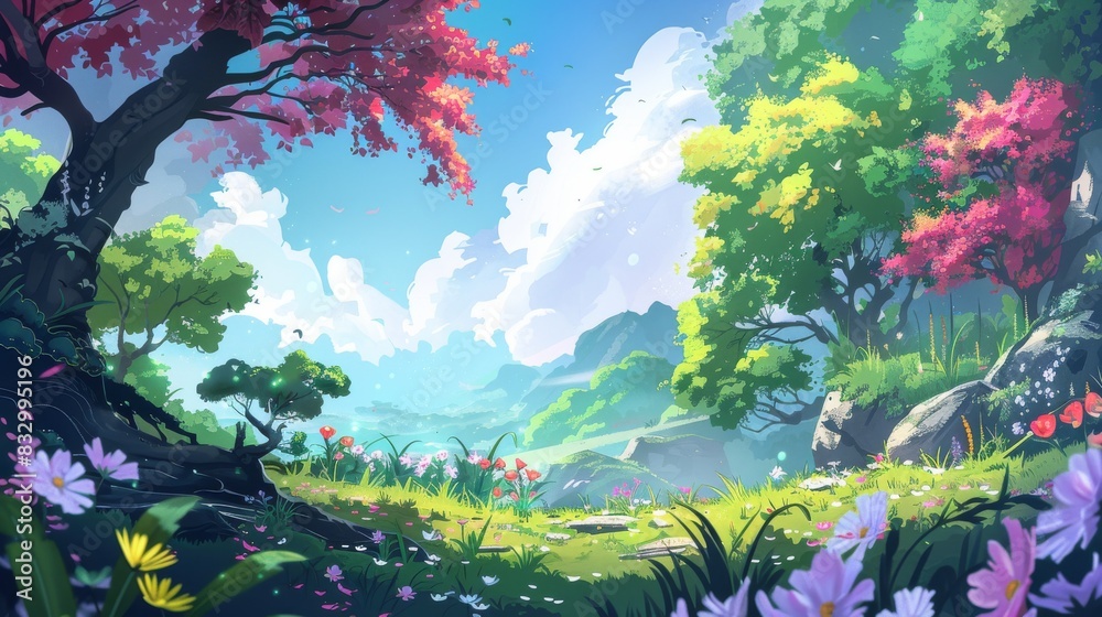 Soft focus on a serene scene of a lush green field with a few wispy trees and a few delicate petals