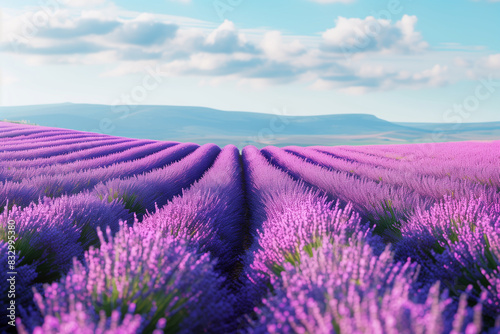 Beautiful purple Lavender field landscape on sunny day. Aromatherapy. Concept of natural cosmetics and medicine.