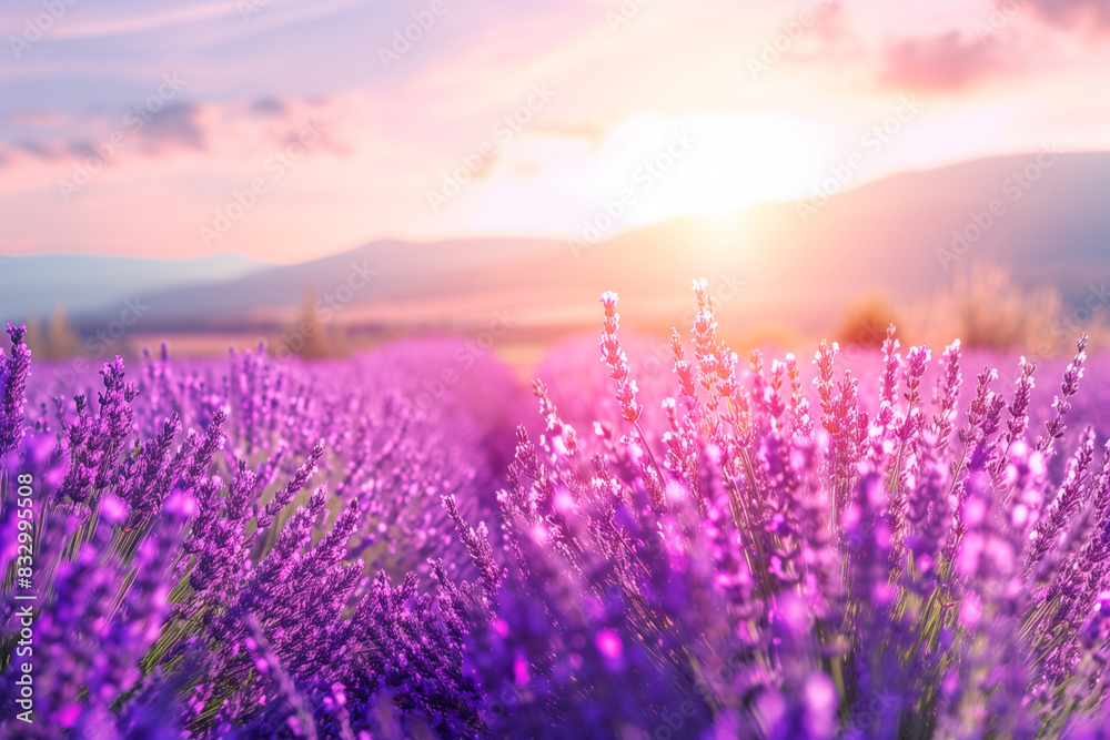 Obraz premium Beautiful purple Lavender field landscape on sunny day. Aromatherapy. Concept of natural cosmetics and medicine.