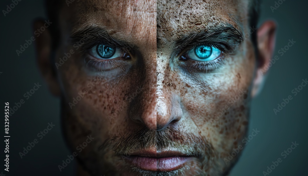 Reveal the striking distinction between the emotions on two sides of a mans face Reveal the striking distinction between the emotions on two sides of a mans face