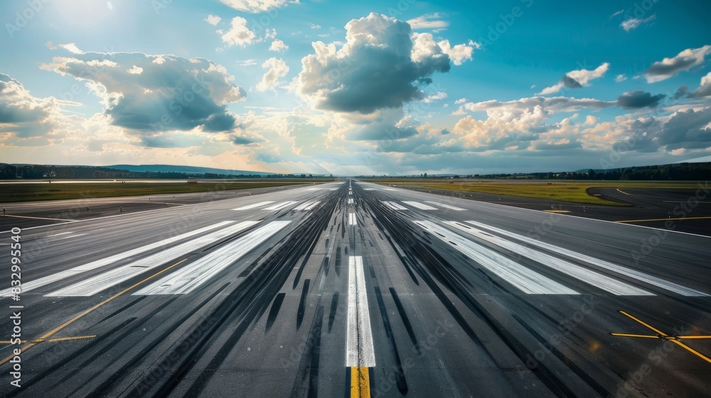 Obraz premium runway perspective for airplan and airplane tire tracks.