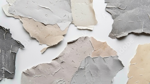 Collection of torn gray and beige papers on a white backdrop