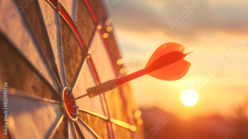 Close-up red dart arrow hitting target center, generative AI