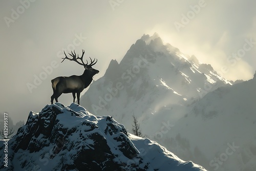 A majestic stag with a magnificent rack of antlers silhouetted against a snowy mountain peak.