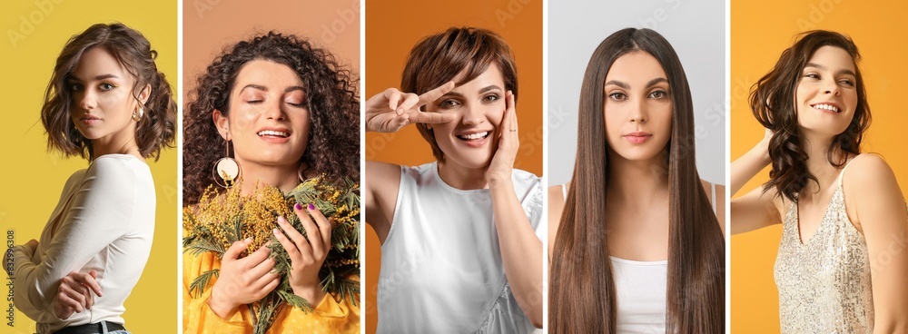 Collage of young women with beautiful brown hair on color background