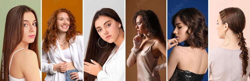 Collage of young women with natural brown hair on color background Collage of young women with natural brown hair on color background