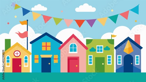 Each house on the block displayed a unique flag or banner with their welcome message creating a colorful and festive atmosphere for the neighborhood. Vector illustration