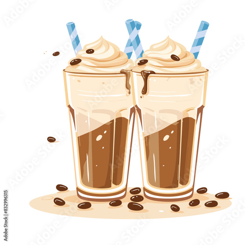 Two tall coffee frappes with whipped cream and straws