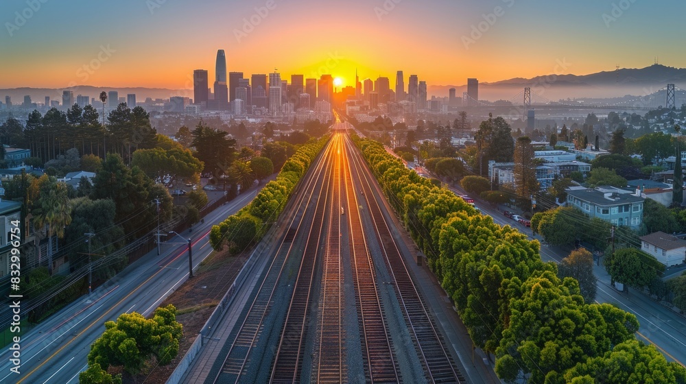 Fototapeta premium Drone view of the freeway cypress in Oakland, California during sunset, with the warm glow of the setting sun and the downtown skyline, captured with AI Generative.