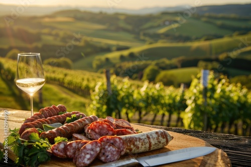Savoring Tradition: Würstchen of Bavaria, Enjoying Delicious Sausages Against the Stunning Backdrop of Rolling Hills and Scenic Landscapes. photo
