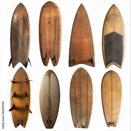 Collection of vintage wooden fishboard surfboard, generative ai photo