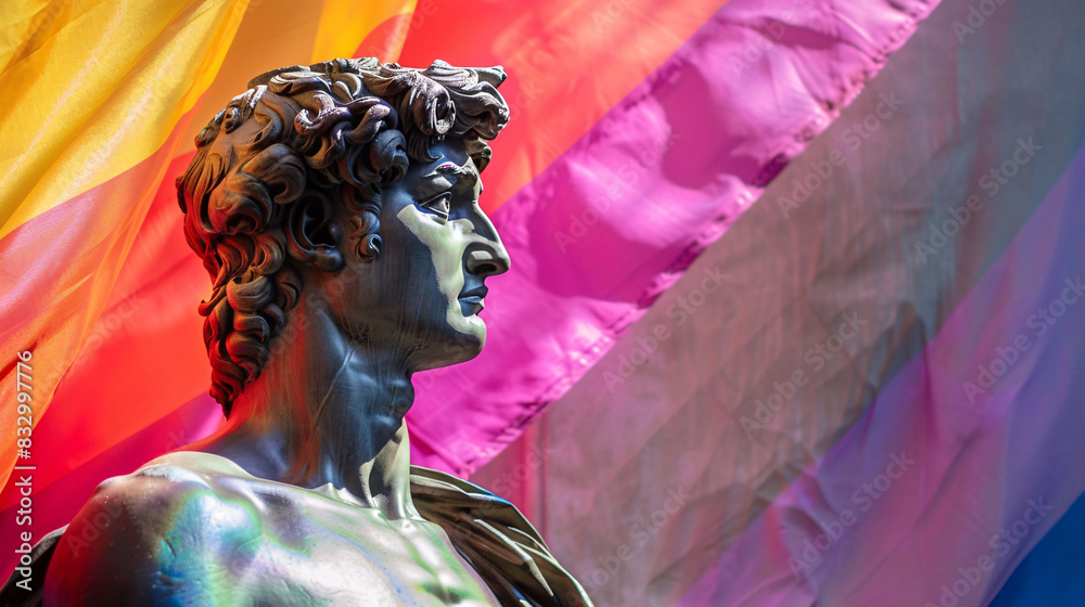 Fototapeta premium statue of a person with pride flag at background equality concept