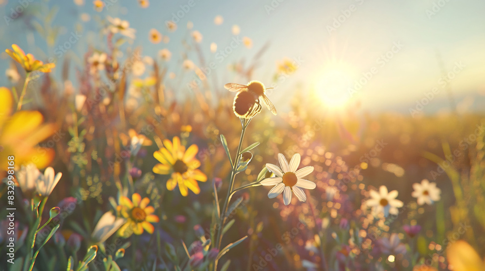 custom made wallpaper toronto digitalBee Collecting Pollen from Flowers in the Morning, Close Up Bee with Flowers, Honey Bee