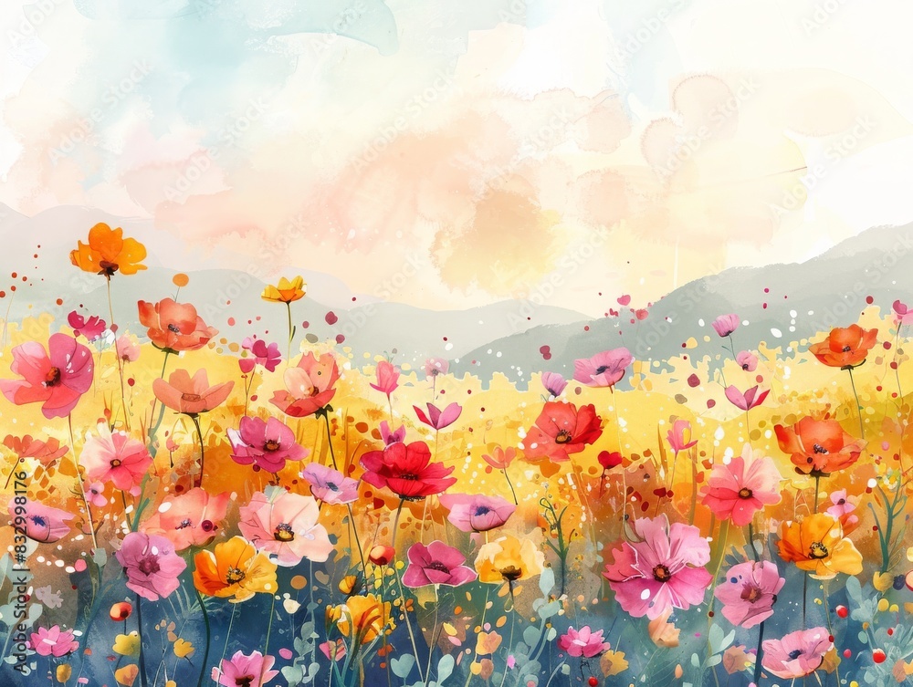 Beautiful watercolor painting of a wildflower meadow at sunrise, featuring vibrant, colorful flowers and a peaceful sky. Beautiful watercolor painting of a wildflower meadow at sunrise, featuring vibrant, colorful flowers and a peaceful sky.