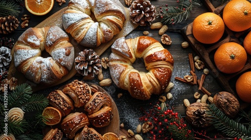 Festive Bagels Croissants Tangerines and Pastries with Walnuts and Hazelnuts in a Holiday themed Setting