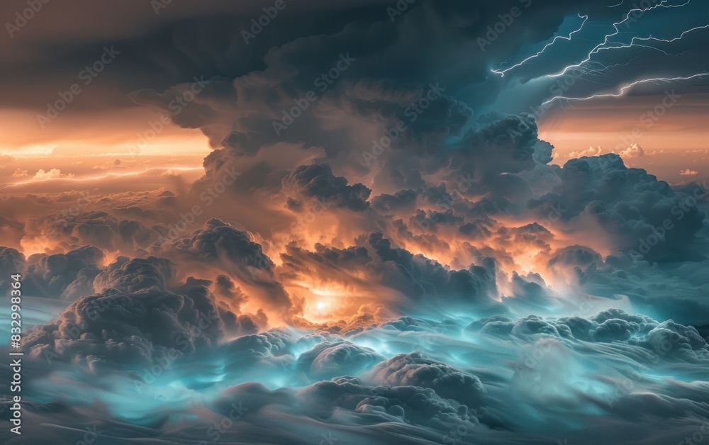 Fototapeta premium Lightning strikes in the sky, dramatic storm clouds above the clouds, ocean waves