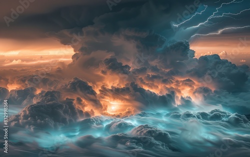 Lightning strikes in the sky, dramatic storm clouds above the clouds, ocean waves