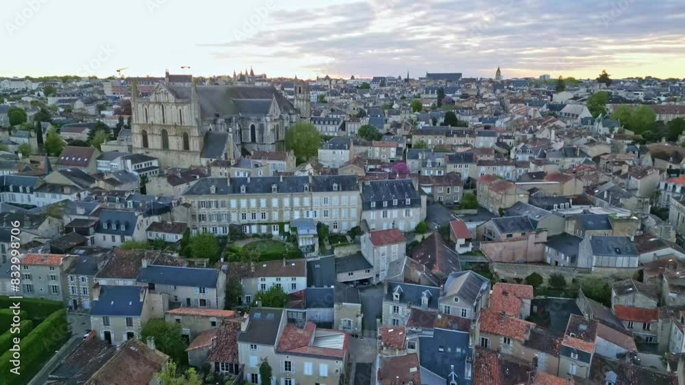 Poitiers cityscape with Cathedral of Saint Peter or Pierre, France. Aerial drone forward Poitiers cityscape with Cathedral of Saint Peter or Pierre, France. Aerial drone forward