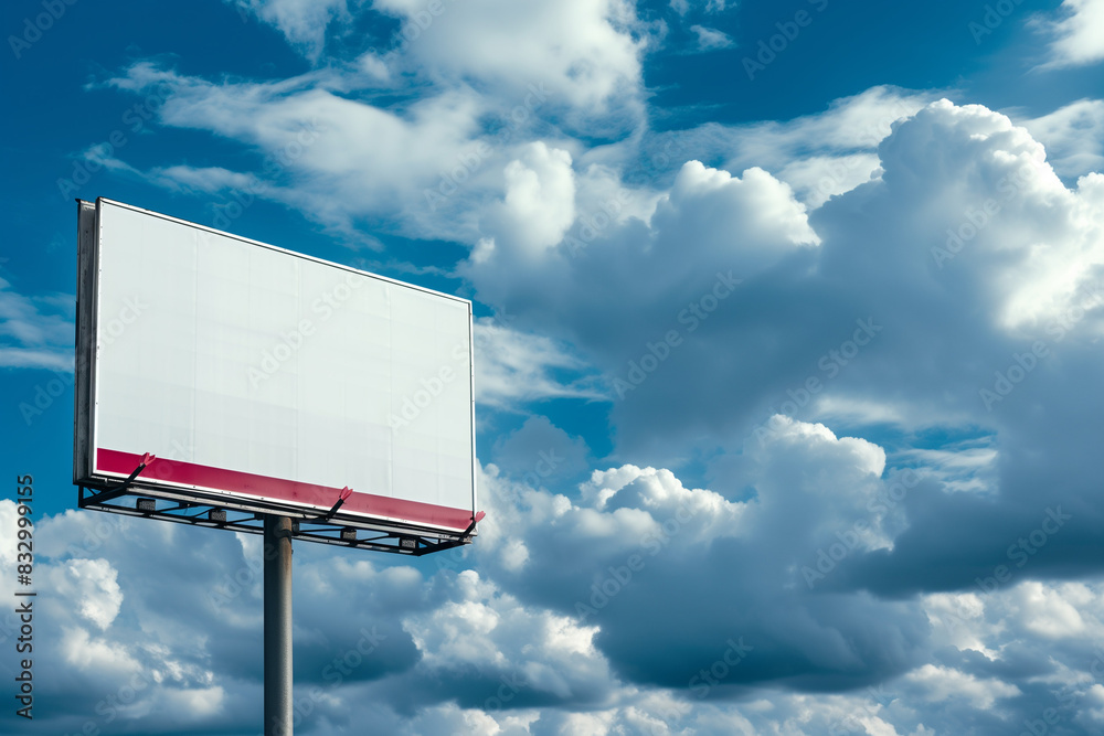 Blank empty white billboard copy space, red and grey bar and arrow, bright blue summer sky cloudscape clouds roadside road sign
Blank empty white billboard copy space, red and grey bar and arrow, bright blue summer sky cloudscape clouds roadside road sign