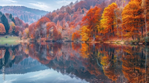 Colorful autumn forest scenery with trees on hills and their reflections on water