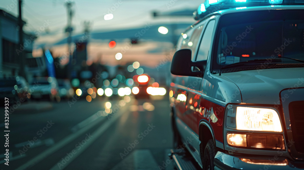 close up shot of emergency ambulance car going to receive patient on city road blur background close up shot of emergency ambulance car going to receive patient on city road blur background