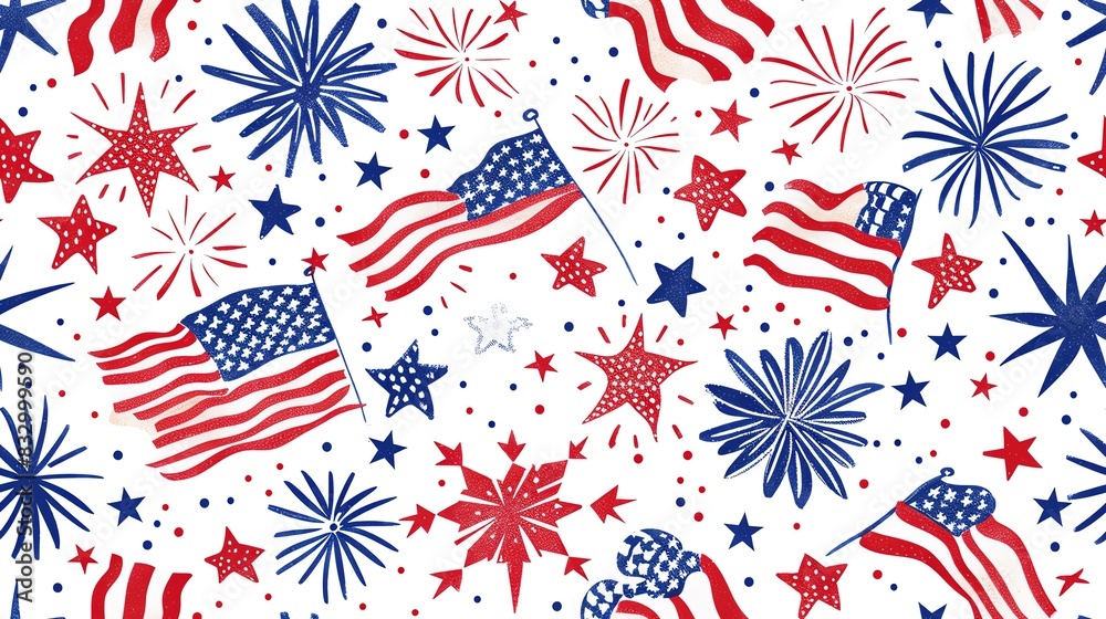 Hand-drawn seamless pattern featuring stars and stripes, American flags, and fireworks, showcasing a vibrant and patriotic design for United States Independence Day Hand-drawn seamless pattern featuring stars and stripes, American flags, and fireworks, showcasing a vibrant and patriotic design for United States Independence Day